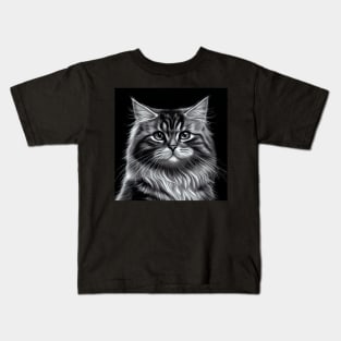 Beautiful Maine Coon Tabby Cat In Black and White Kids T-Shirt